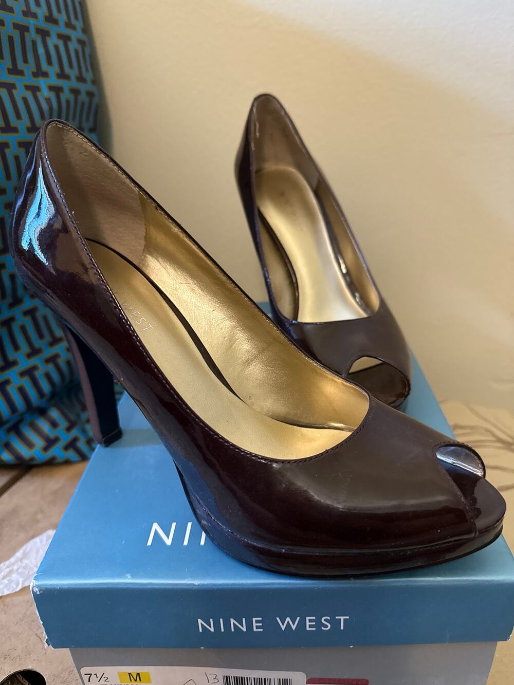 NINE WEST “FRANCISCO” wine patent leather peep toe  heels, size 7.5